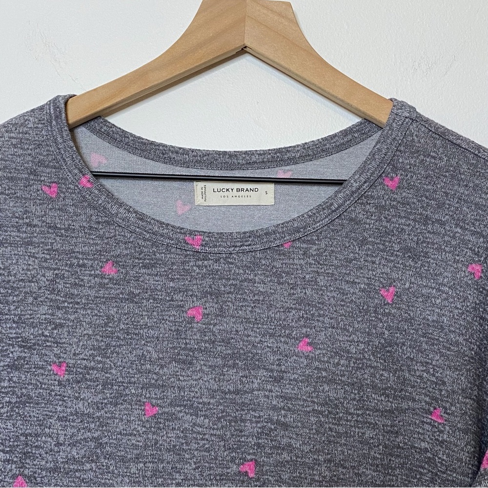 Lucky Brand Gray Pink Heart Long Sleeve Tee Top - Size Small